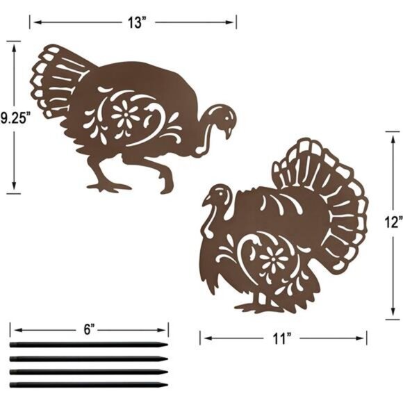 Metal Turkey Garden Stakes Set of 2 Outdoor Thanksgiving Yard Decor Rusty - Picture 2 of 7